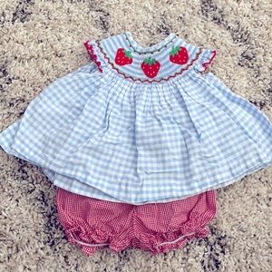 Smocked Strawberry Bloomer Set Light Blue Check
